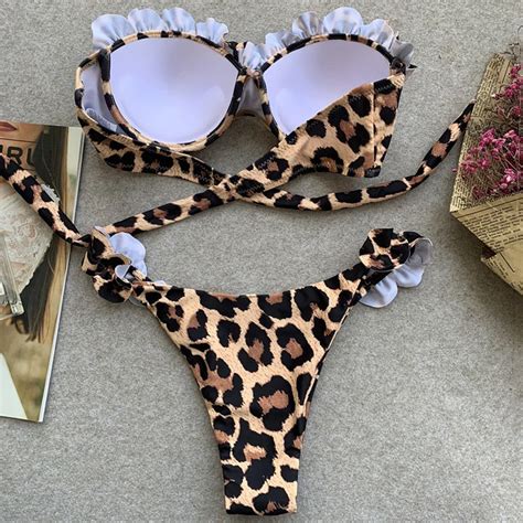 New Sexy Lace Up Ruffled Bikini Women Bandeau Swimsuit Female Push Up Swimwear Leopard Bikini Set