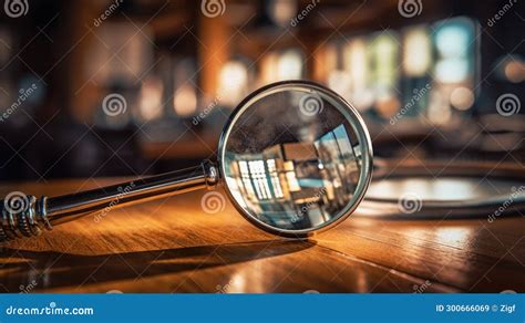 Small Round Magnifying Glass Is Placed On Top Of Wooden Table The Magnifying Glass Sits In