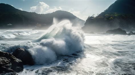 Large Ocean Wave Is Crashing Into Rocky Mountains Background Coast