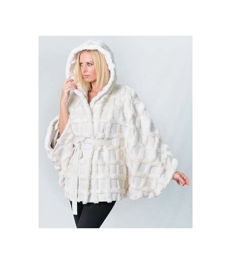 Hooded White Mink Fur Cape With Cross Pattern Fursource