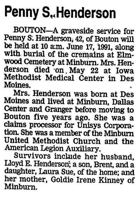 Penny Sue Kinney Henderson 1948 1991 Mémorial Find A Grave