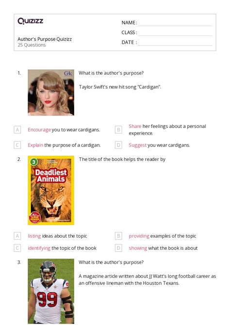50 Identifying The Authors Purpose Worksheets On Quizizz Free