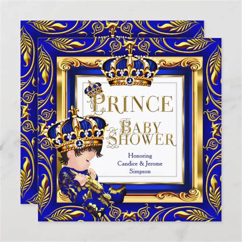 Royal Prince Baby Shower Blue Gold Crown Brunette Invitation Zazzle