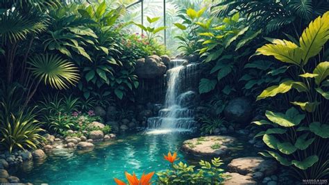 Premium AI Image | A waterfall in a tropical jungle with a tropical waterfall in the background.