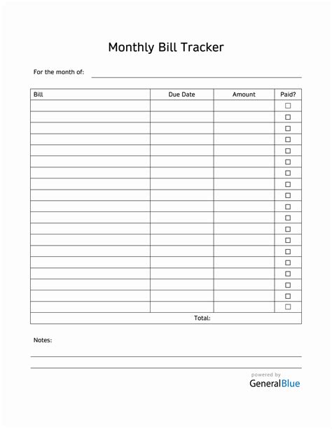 Monthly Bill Tracker In Word Printable