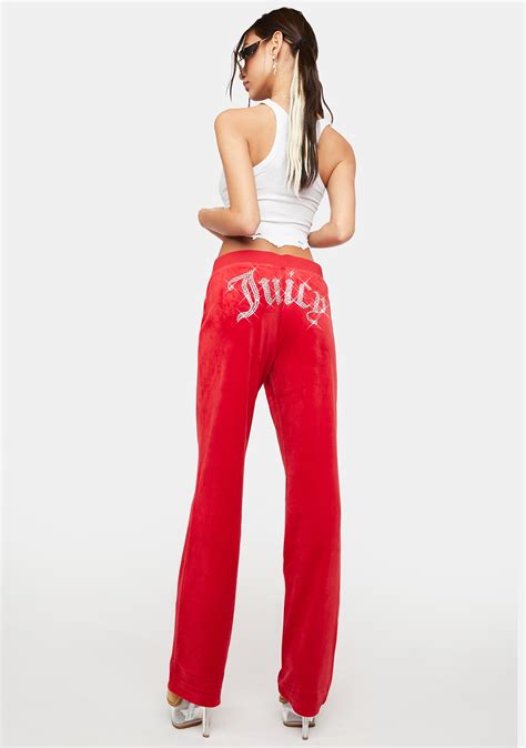 Juicy Couture Coco Red Luxe Velour Rhinestone Logo Sweatpants Dolls Kill