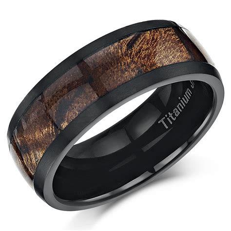 8mm Mens Black Titanium Wedding Ring Band With Real Koa Wood Inlay