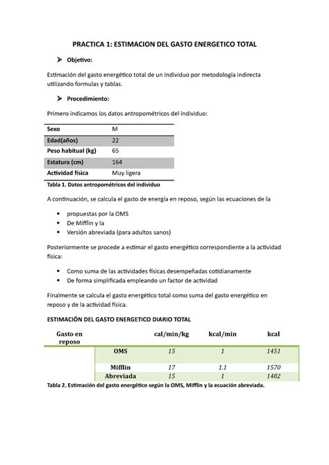 Practica 1 PRACTICA 1 ESTIMACION DEL GASTO ENERGETICO TOTAL Objetivo