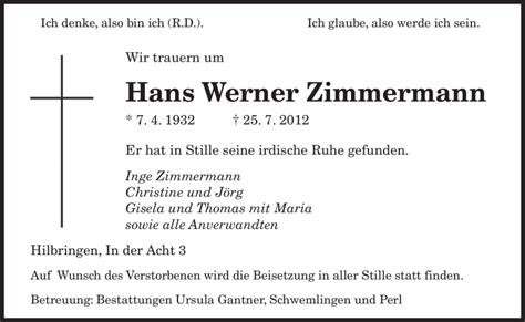 Traueranzeigen Von Hans Werner Zimmermann Saarbruecker Zeitung Trauer De