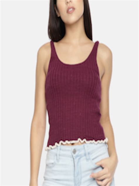 Buy AMERICAN EAGLE OUTFITTERS Women Burgundy Solid Knitted Sweater Crop ...