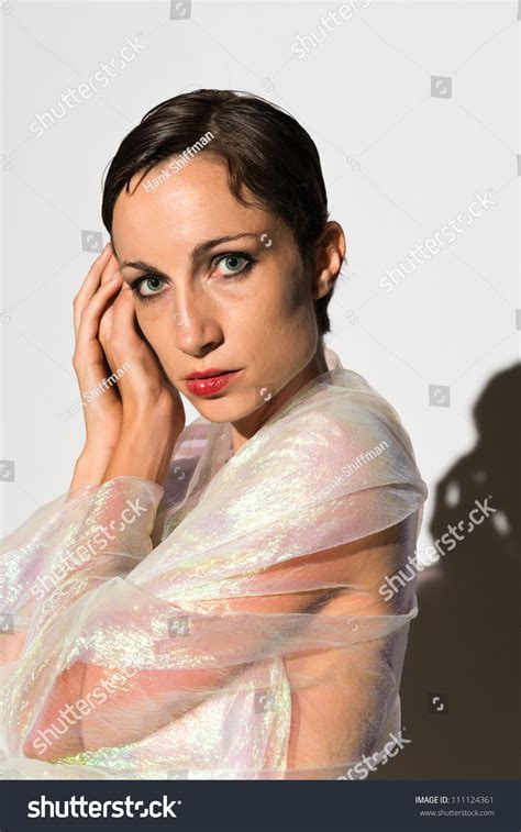 Slender Nude Brunette Wrapped Shiny Fabric Stock Photo Shutterstock