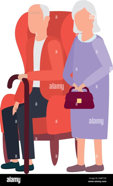 Grandmother And Grandfather Seated In Sofa Avatars Characters Stock