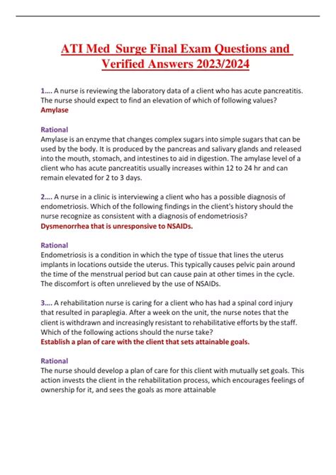 ATI Med Surge Final Exam Questions and Verified Answers 2023/2024 - ATI