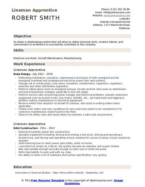 Lineman Apprentice Resume Samples Qwikresume