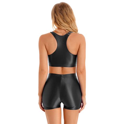 Womens Bikini Swimsuit Sleeveless Glossy Crop Tank Tops Shorts Set Swimwear Ebay