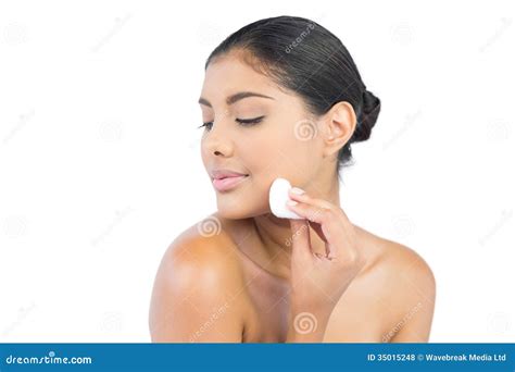 Peaceful Nude Brunette Holding Cotton Ball Stock Photo Image Of Shoulder Skincare