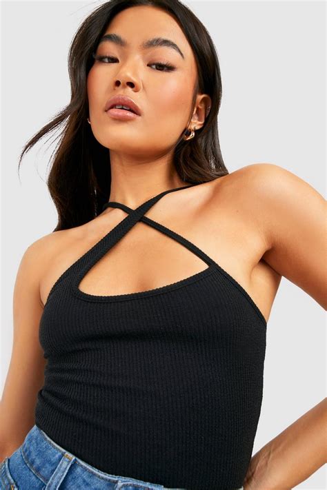 Womens Black Ripple Rib Cross Strap Halter Top Boohoo Uk