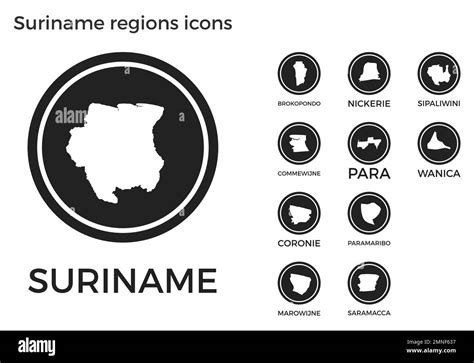 Suriname Regions Icons Black Round Logos With Country Regions Maps And