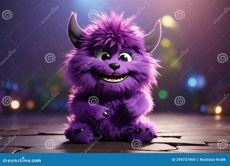 Cute And Funny Purple Furry Monster 3d Cartoon Character On The