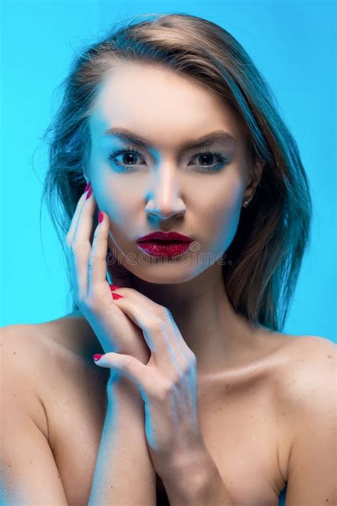 The Beautiful Blonde Red Lips Girl Smiles And Holds Handcuffs On Stock Photo Image Of Fresh