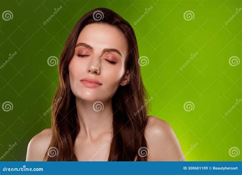 Photo Of Adorable Dreamy Lady Naked Shoulders Closed Eyes Empty Space Isolated Green Color