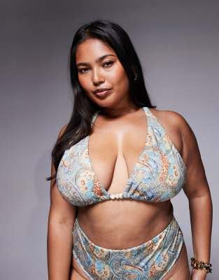 Asos Design Curve Sarah High Apex Triangle Bikini Top In Scarf Print Asos