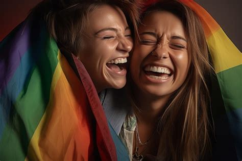 Premium Photo A Beautiful And Happy Gay Lesbian Couple With Rainbow Colors Flag LGBTQ Pride