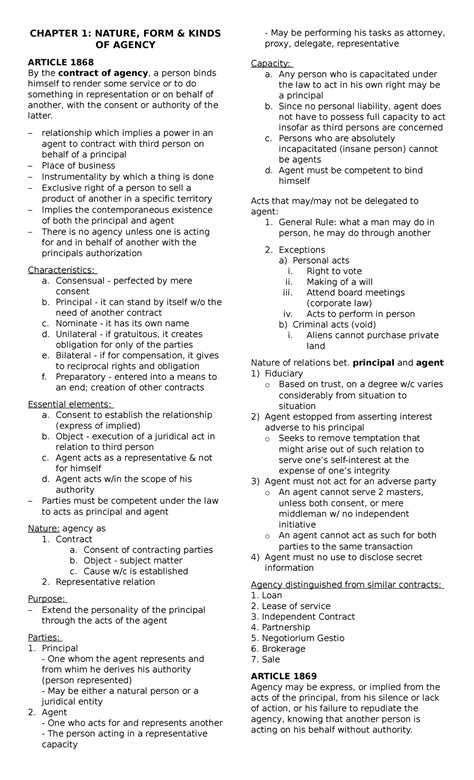 LAW- Notes - Good luck - CHAPTER 1: NATURE, FORM & KINDS OF AGENCY