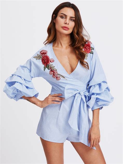 Flower Applique Gathered Sleeve Surplice Wrap Romper