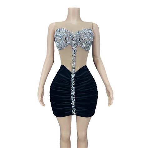 Sparkly Rhinestones Nude Mesh Transparent Short Dress Women Party Prom