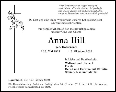 Traueranzeigen Von Anna Hill Rz Trauer De