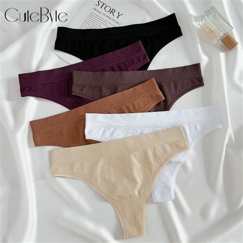 CuteByte Seamless Cotton Thongs For Woman Solid Color Soft G Strings Mid Waist Lingerie S XL