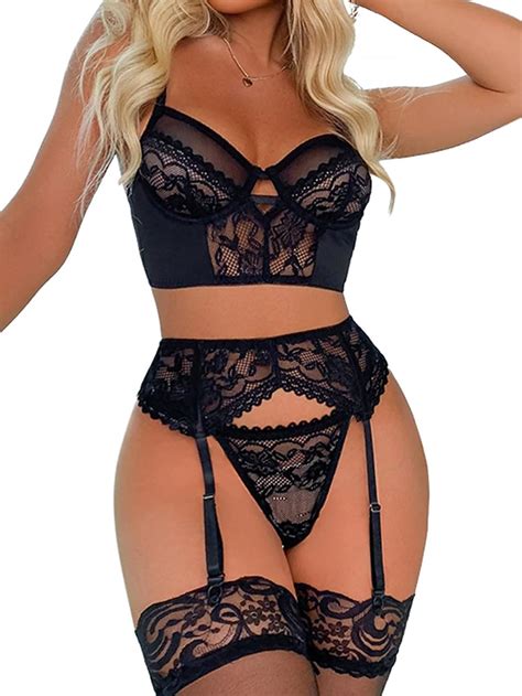 Lilosy Sexy Stocking Bow Floral Lace Mesh Sheer Underwire Lingerie Set Women Longline Bra Panty