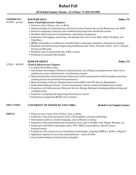 Cloud Infrastructure Engineer Resume Samples Velvet Jobs