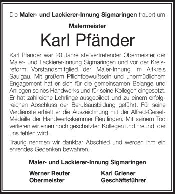 Traueranzeigen von Karl Pfänder schwaebische de Trauerportal