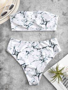 Marble Print High Waisted Bandeau Bikini Set In WHITE ZAFUL