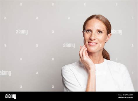 Attractive Mature Female Face Closeup Portrait Cute Mid Adult Woman With Clean Fresh Healthy