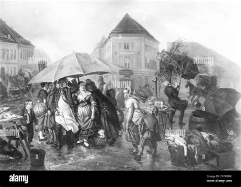 Drawing Of A Rainy Weekly Market On The Belle Alliance Platz Today