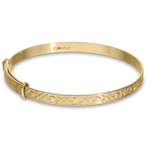 Gold Baby Bangle With Embossed Heart And Flowers Bracelet 9 Ct Etsy