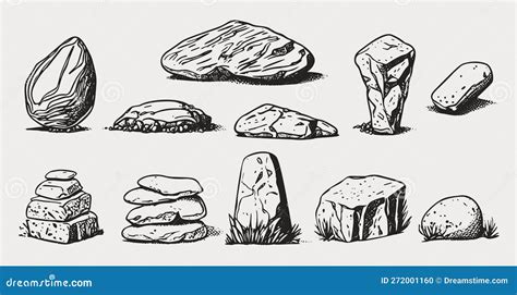 monochrome vector set   stones rocks gravel  pebbles