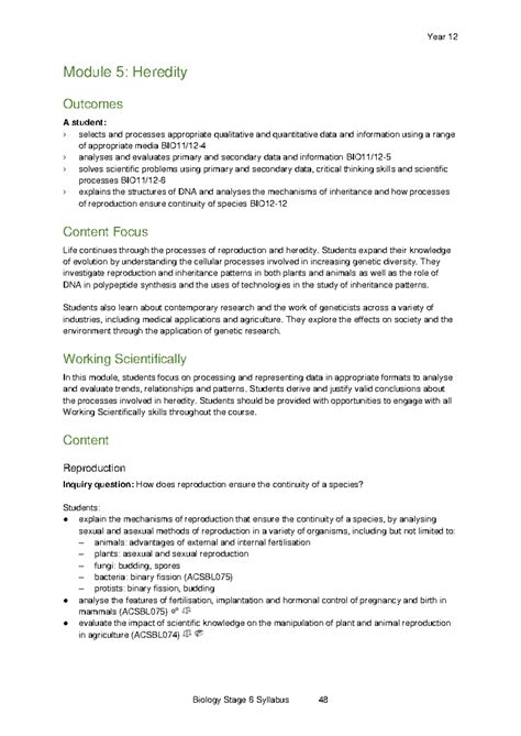 Module 5 Heredity Syllabus Year 12 Biology Stage 6 Syllabus 48 Module