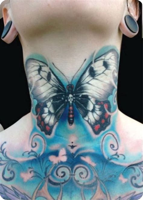 Large blue butterfly tattoo on the neck - Tattooimages.biz