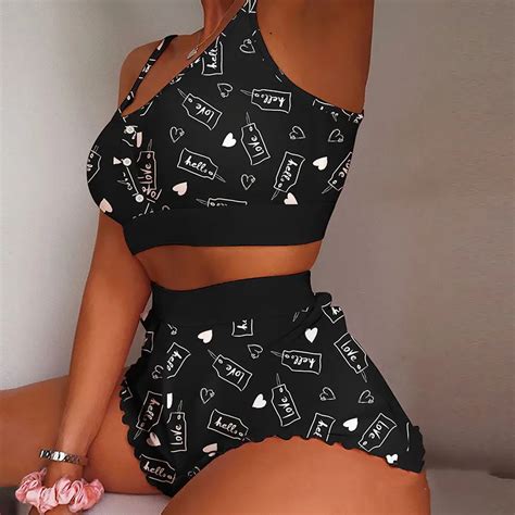 Valentines Day Printed Ruffle Sexy Lingerie Piece Pyjama Set Woman