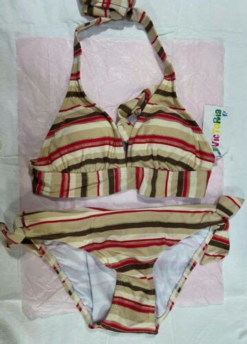 Victoria Swimwear Beige Red Stripe Halter Tie Bikini Pc Swim Set Swimsuit S Ebay
