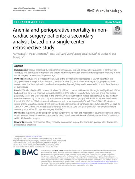 Pdf Anemia And Perioperative Mortality In Non Cardiac Surgery