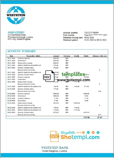 United Kingdom Weststein Bank Statement Template In Word And Pdf Format