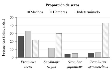 Proporción de sexos identificados en los pelágicos menores capturados