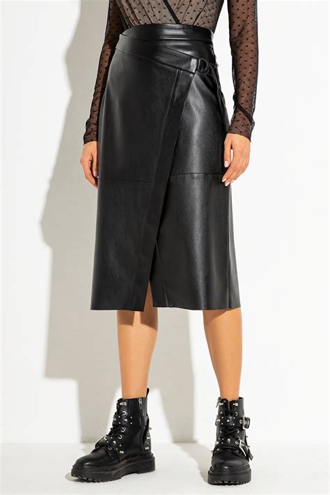 Черная кожаная юбка на запах длины миди 6176 Джема ᐅ купить в Itelle
