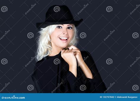 Blonde Fashion Woman Portrait Wearing Black Hat Stock Photo Image Of Contemporary Glamour