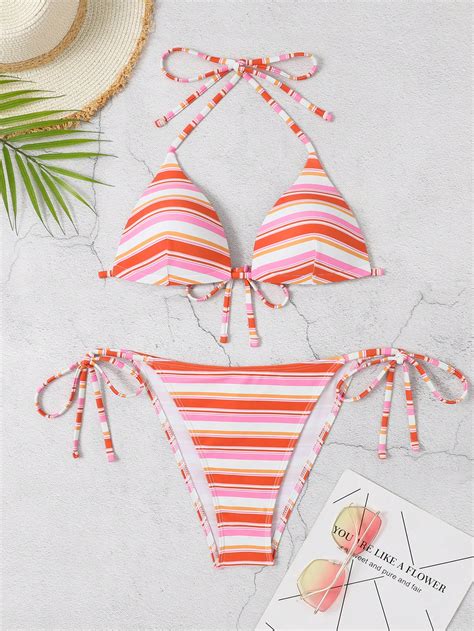 Striped Halter Triangle Tie Side Bikini Swimsuit SHEIN USA